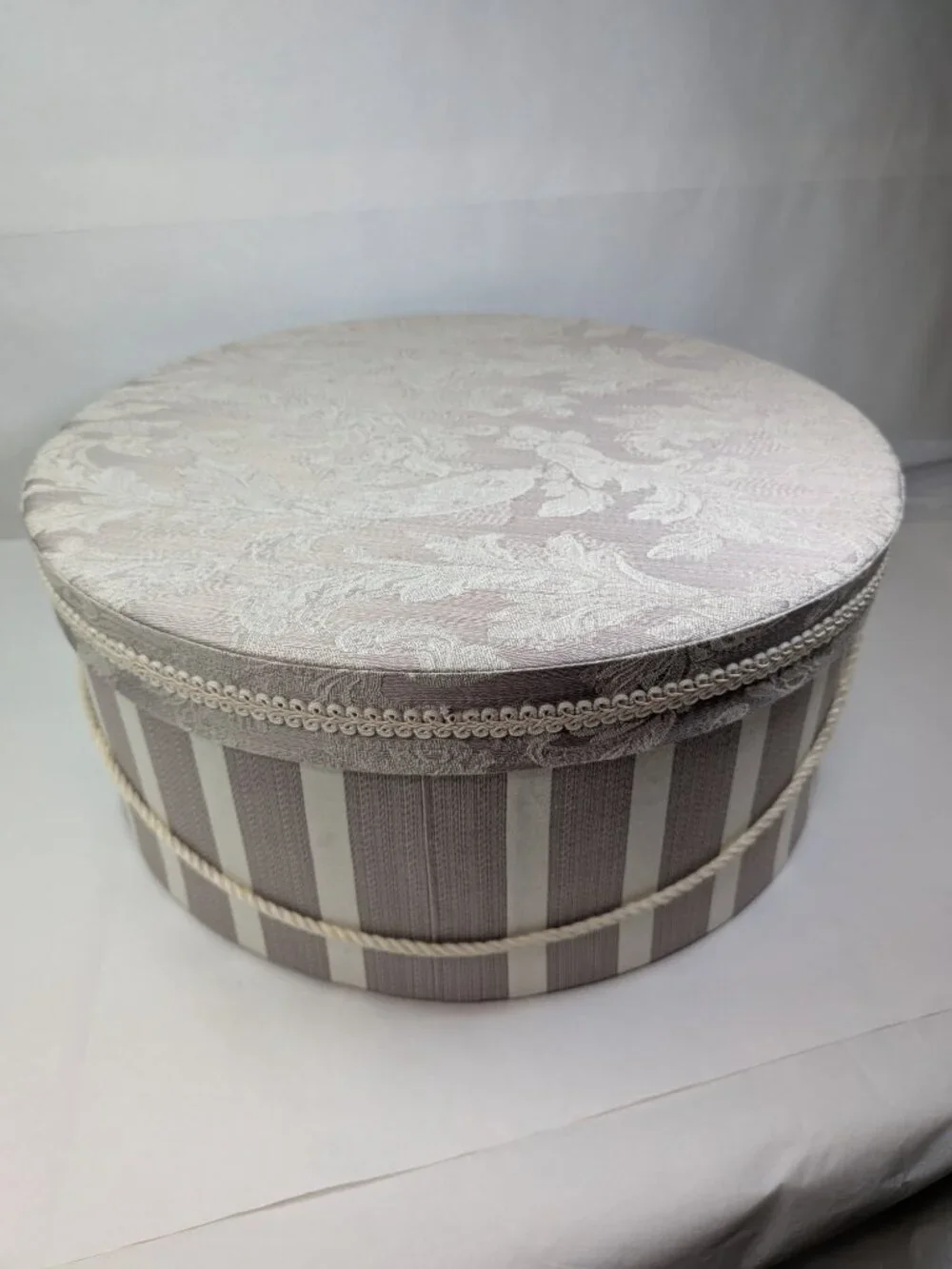 Vintage Striped Brocade Round Hat Box Taupe Cream Fabric Storage Case Unisex
